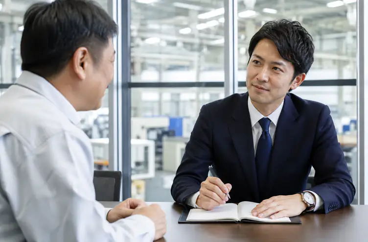 工場の会議室で投資計画を聞き取る行政書士
